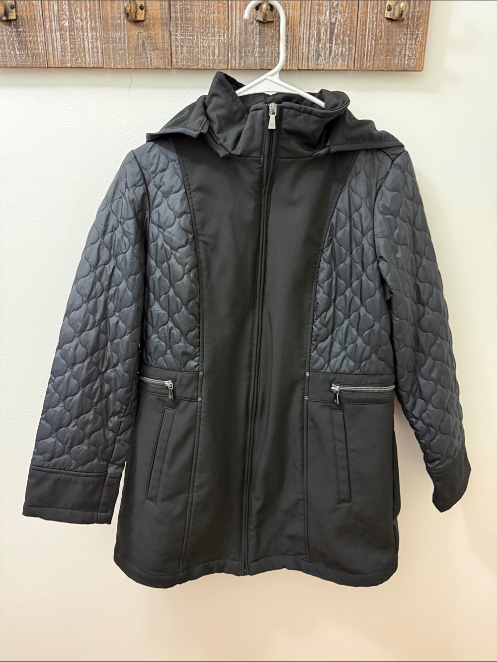 Women's Black Quilted Panel Jacket with Hood
